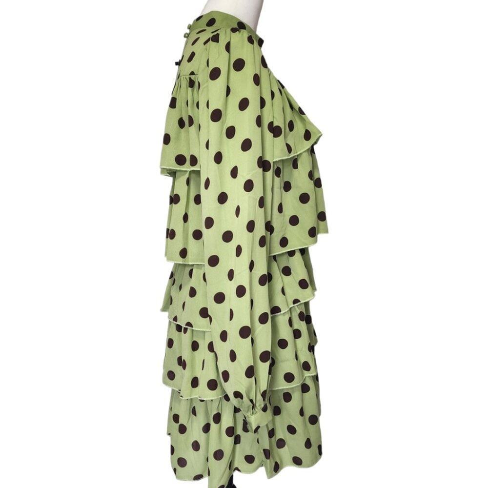 Nasty Gal Satin‎ Spot Tiered Frill Smock Dress Green/Brown Size 6 - Picture 2 of 8